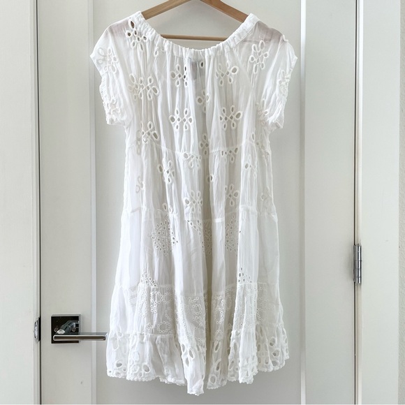 JOHNNY WAS White Eyelet Lace Mini Bay Doll Dress Swim Coverup With Slip Size S - Picture 4 of 11